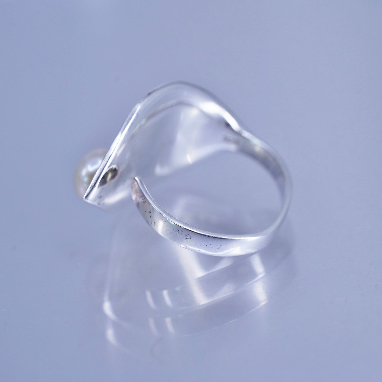 Size adjustable, vintage sterling silver ring, handmade leaf 925 band w/ pearl