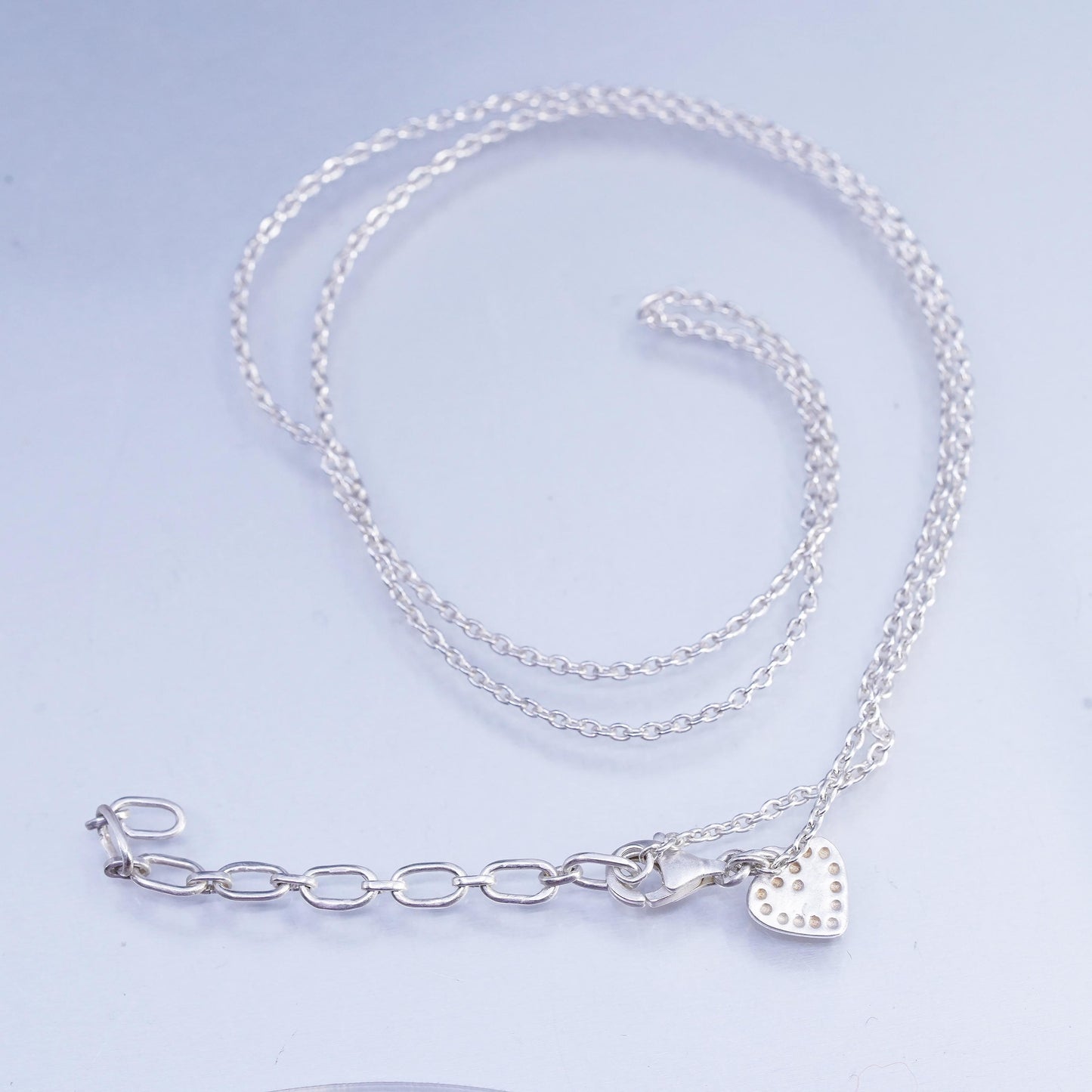 18+2" 1mm, vintage Sterling 925 silver circle chain necklace with heart charm