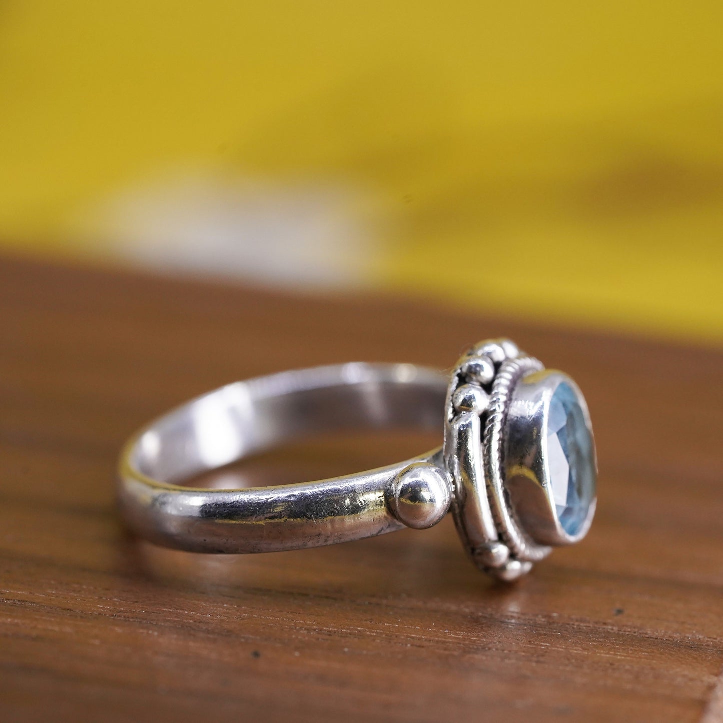 Size 7, vintage Sterling 925 silver handmade beaded ring with blue topaz