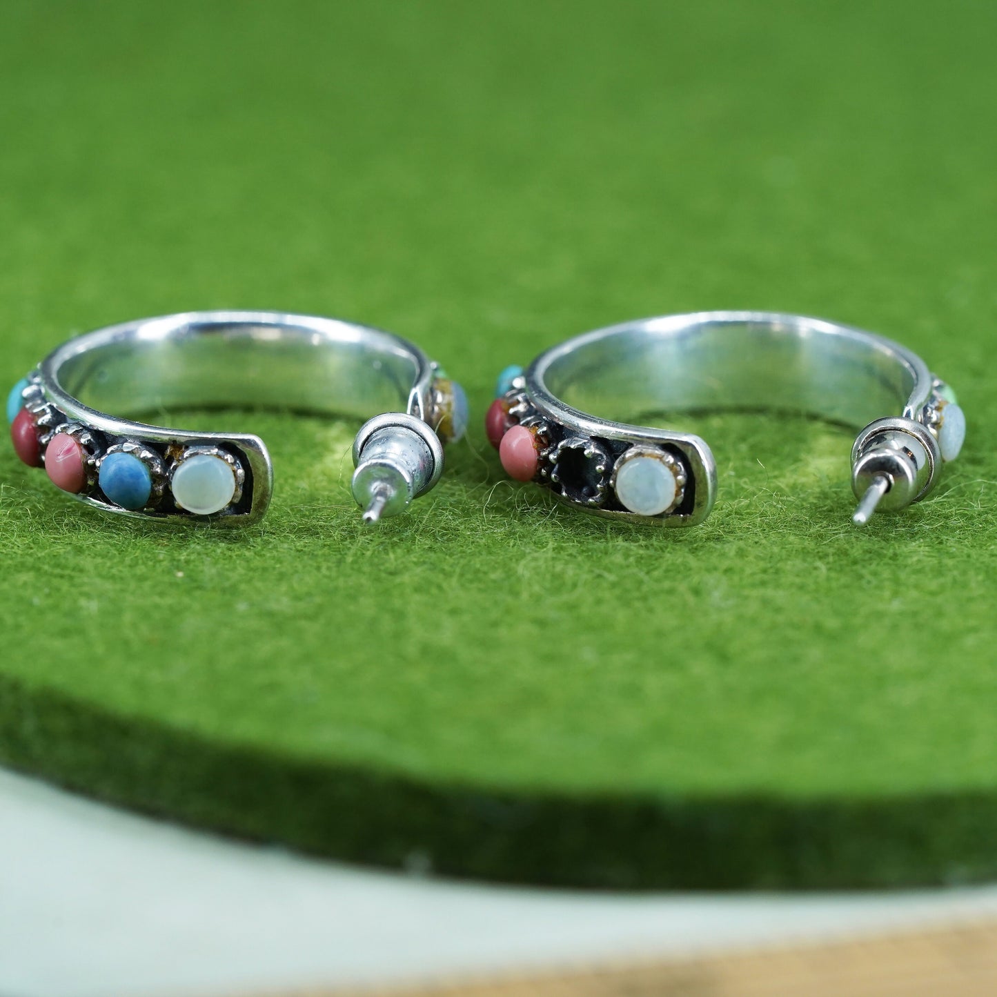 1”, southwestern Sterling 925 silver huggie hoops earrings turquoise obsidian