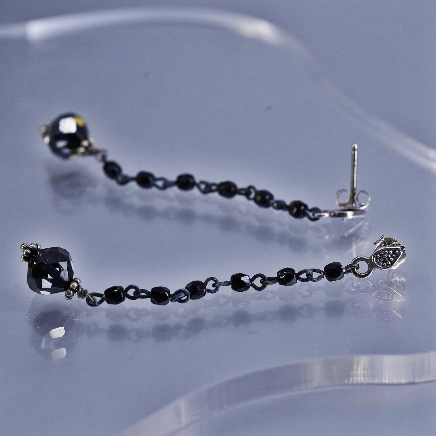 Vintage Sterling 925 silver handmade earrings with black crystal beads