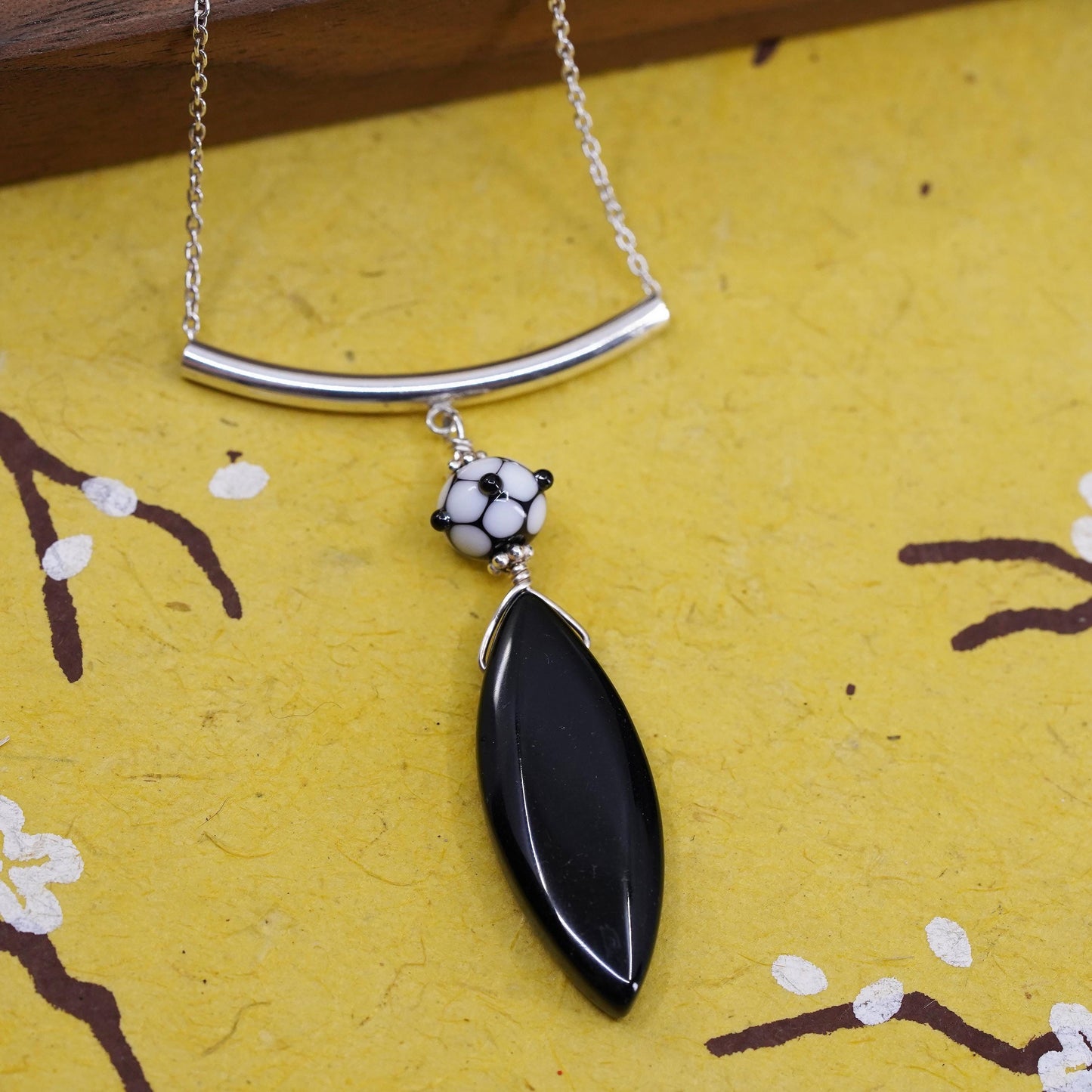 14+5”, vintage sterling silver necklace, 925 circle chain with obsidian pendant