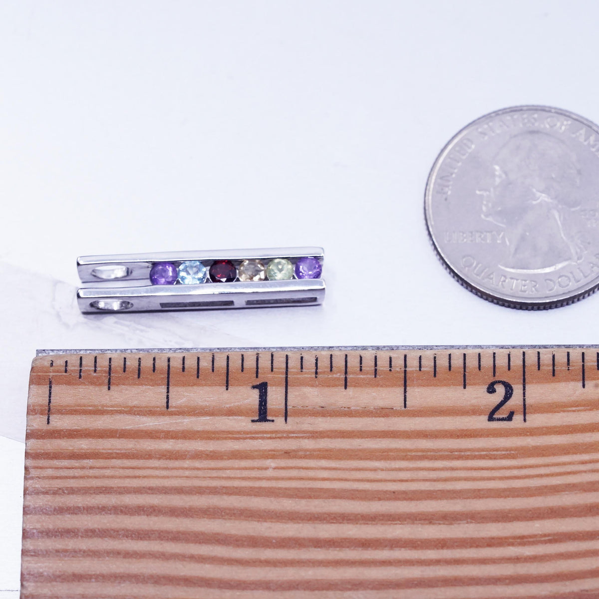 VTG Sterling Silver Multi Gemstone Bar Pendant, Amethyst Garnet Citrine Rainbow