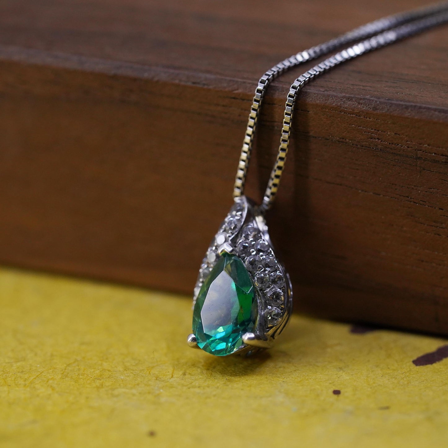 18+2” Sterling silver necklace, 925 box chain teardrop pendant cluster diamonds