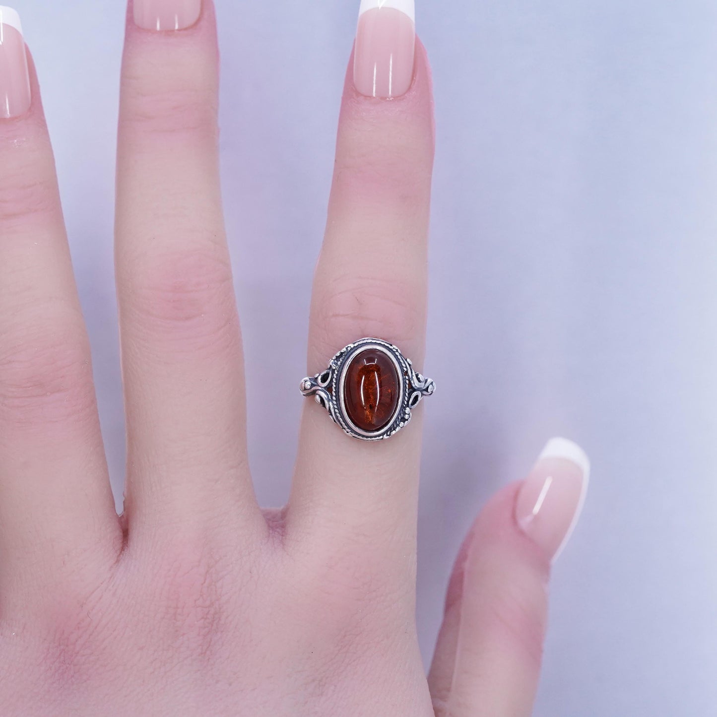 Size 5.5, vintage Sterling 925 silver handmade ring with oval Amber