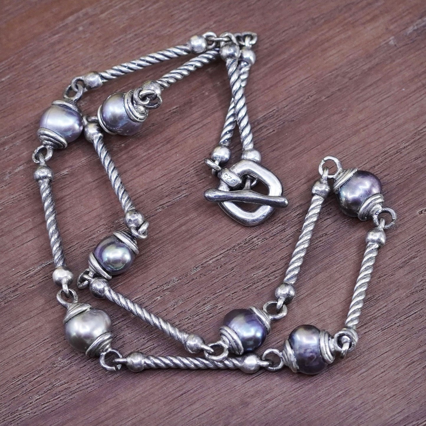14”, vintage sterling 925 silver handmade bar chain necklace with black pearl