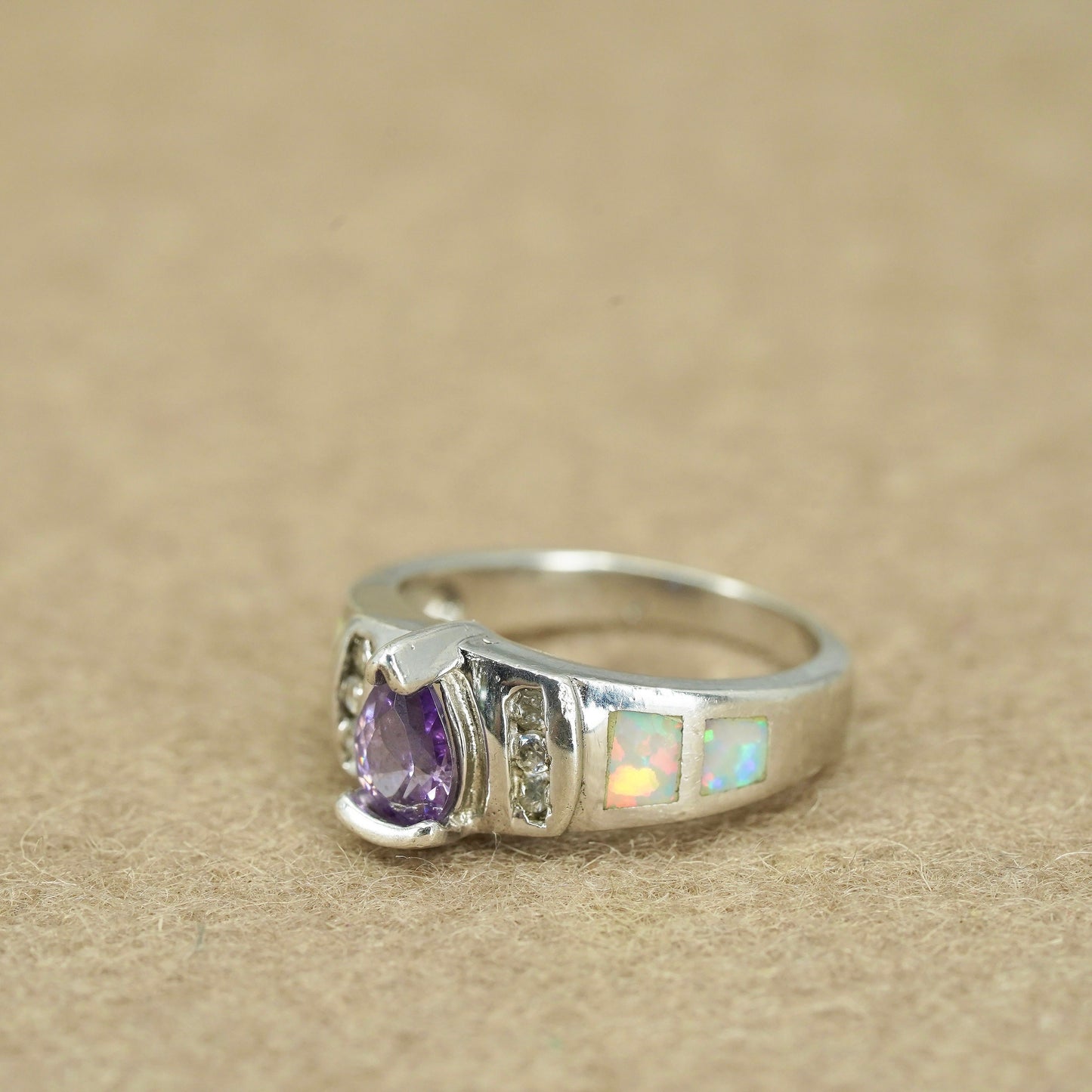 Size 6, vintage Sterling 925 silver handmade ring with amethyst and opal inlay
