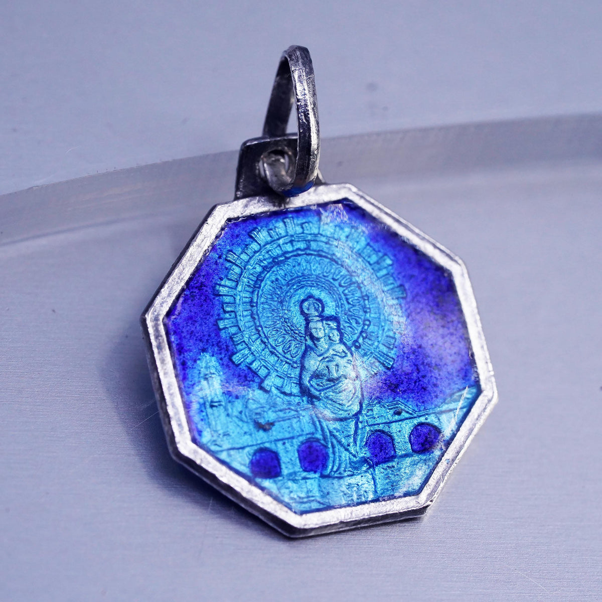 Blue Enamel Jesus Sacred Heart Virgin Mary Religious Double Sided Medal Pendant