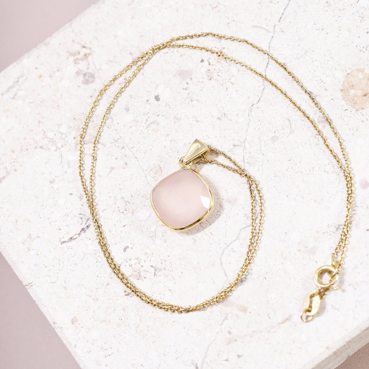 vermeil gold sterling silver 925 circle chain necklace rose pink quartz pendant