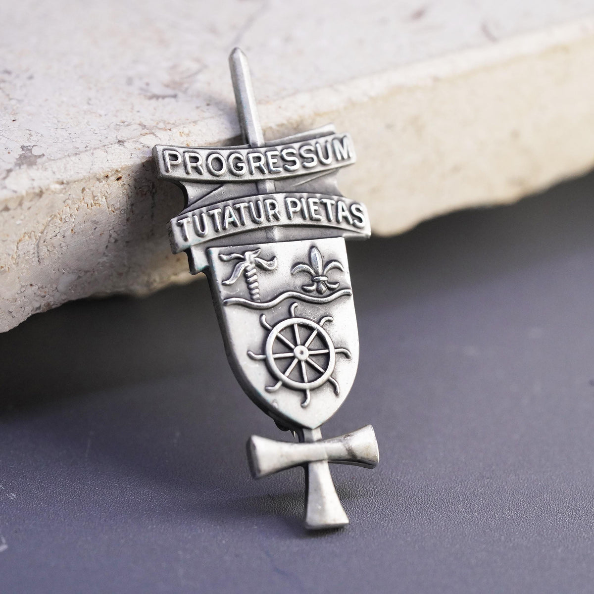Sterling Silver Progressum Tutatur Pietas Brooch, Shield Fleur de Lis Ship Wheel