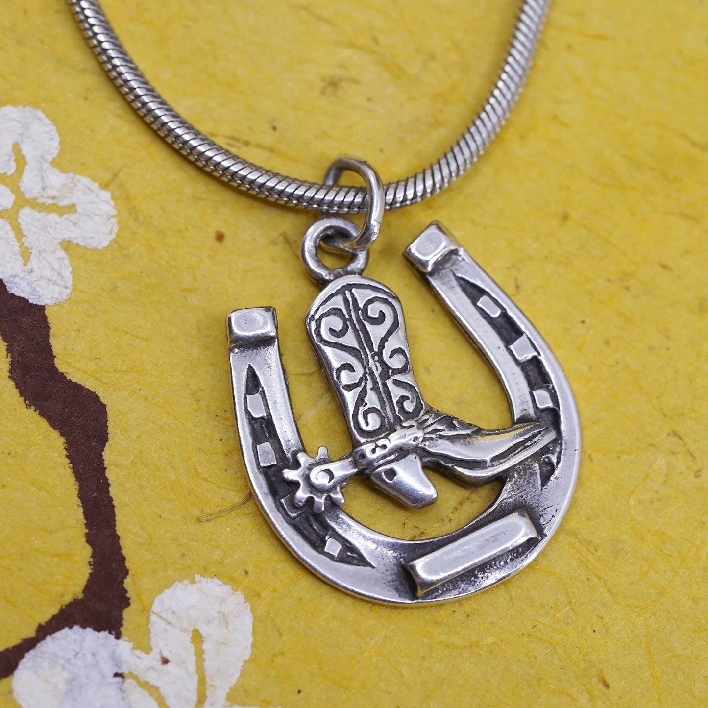 16”, southwestern Sterling silver necklace, 925 snake riding boot horseshoe