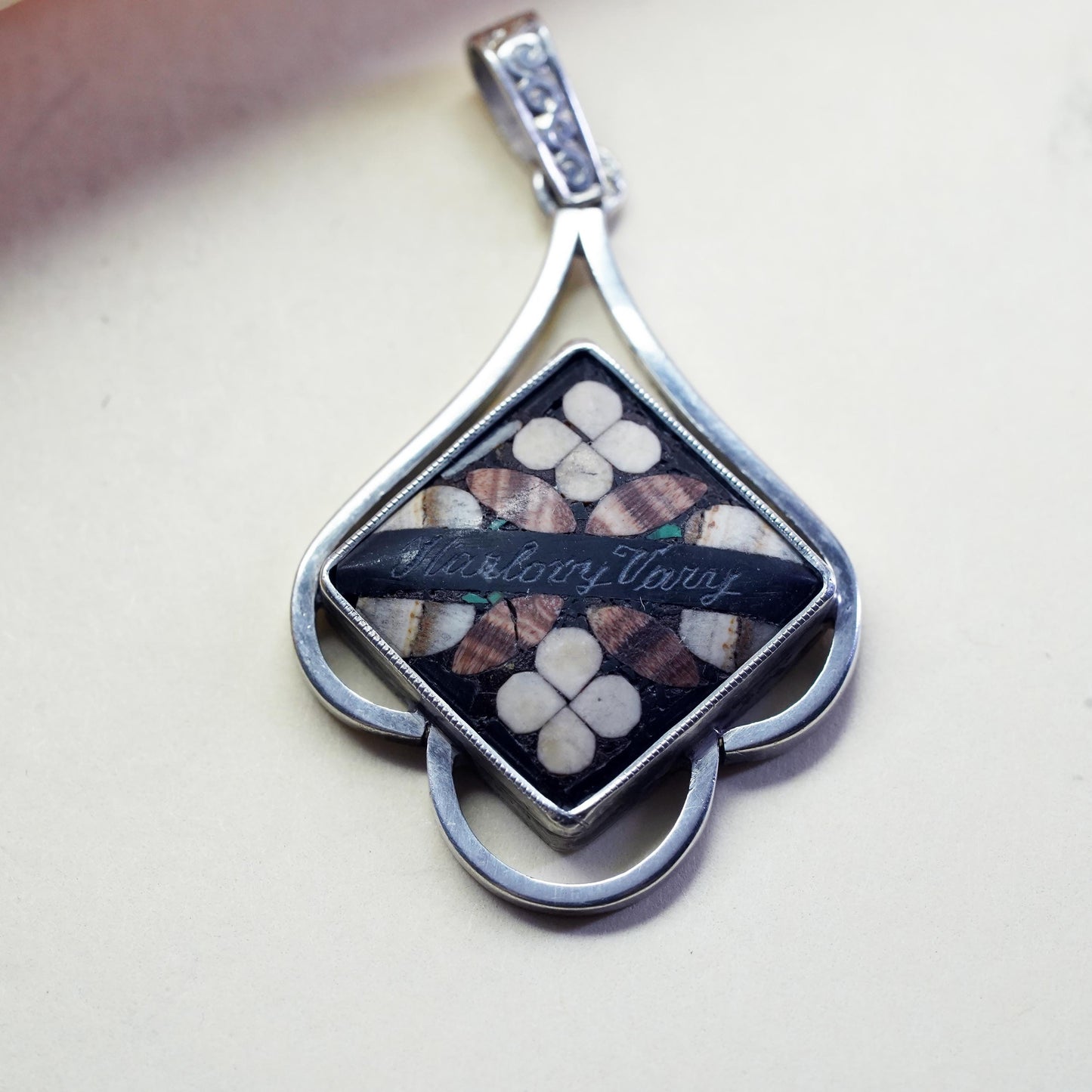 Vintage Sterling 925 Silver Inlay Pendant, Southwestern Mosaic Stone Jewelry