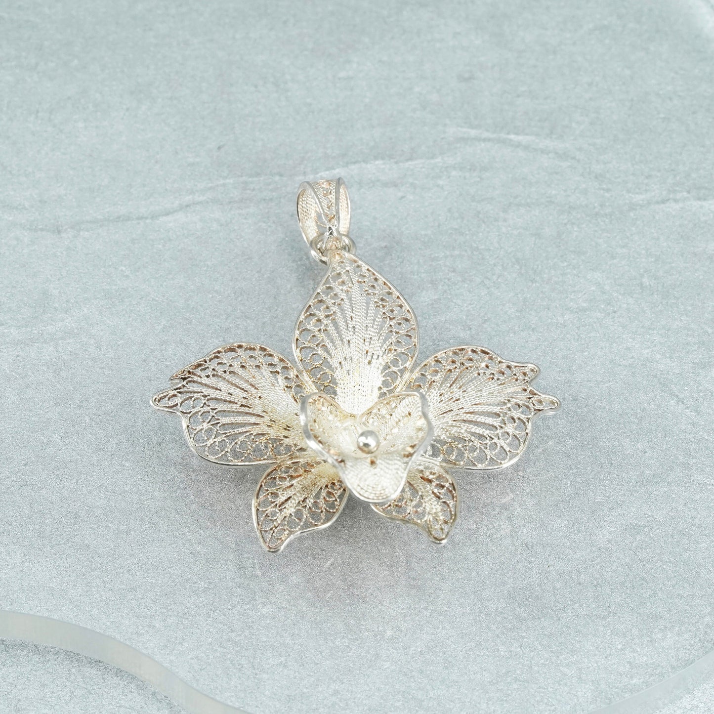 Vintage Sterling silver charm, 925 filigree flower pendant