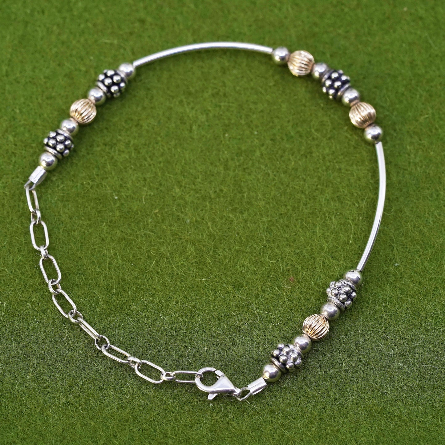 6+2”, two tone 14K yellow gold and sterling silver 925 handmade beaded bracelet