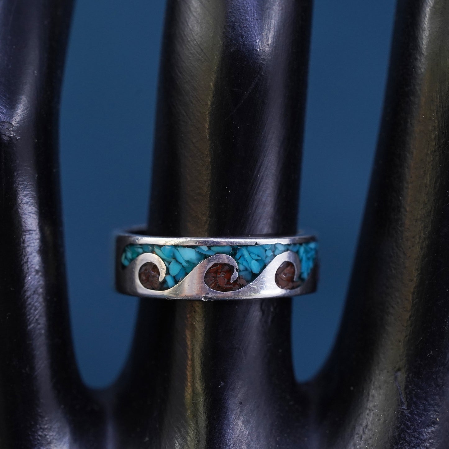 Size 6, zuni sterling silver ring, 925 wave band turquoise coral, southwestern