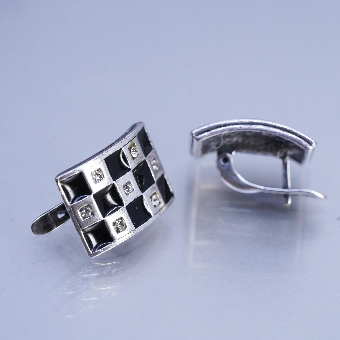 Vintage J JENAVI Designer Sterling 925 silver black enamel cz earrings, studs