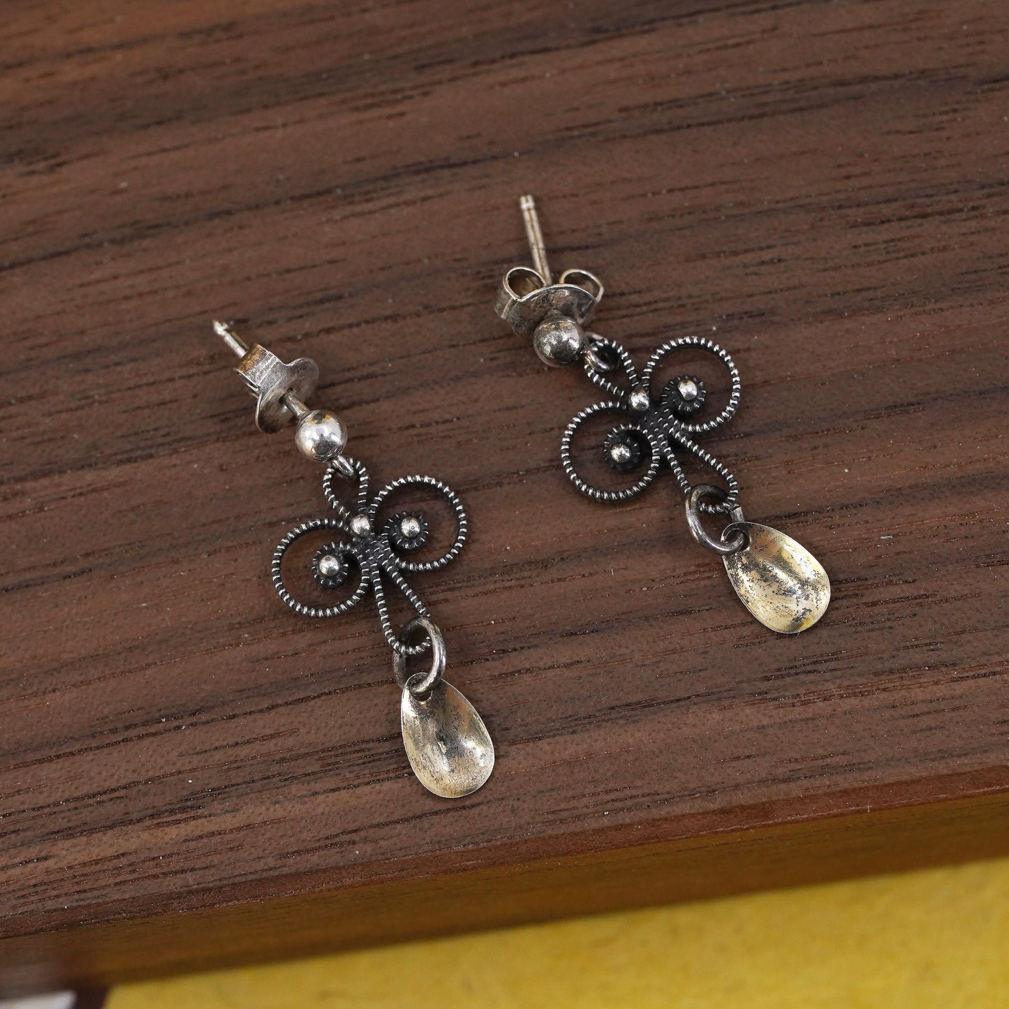 two tone sterling 925 silver handmade filigree earrings with copper teardrop