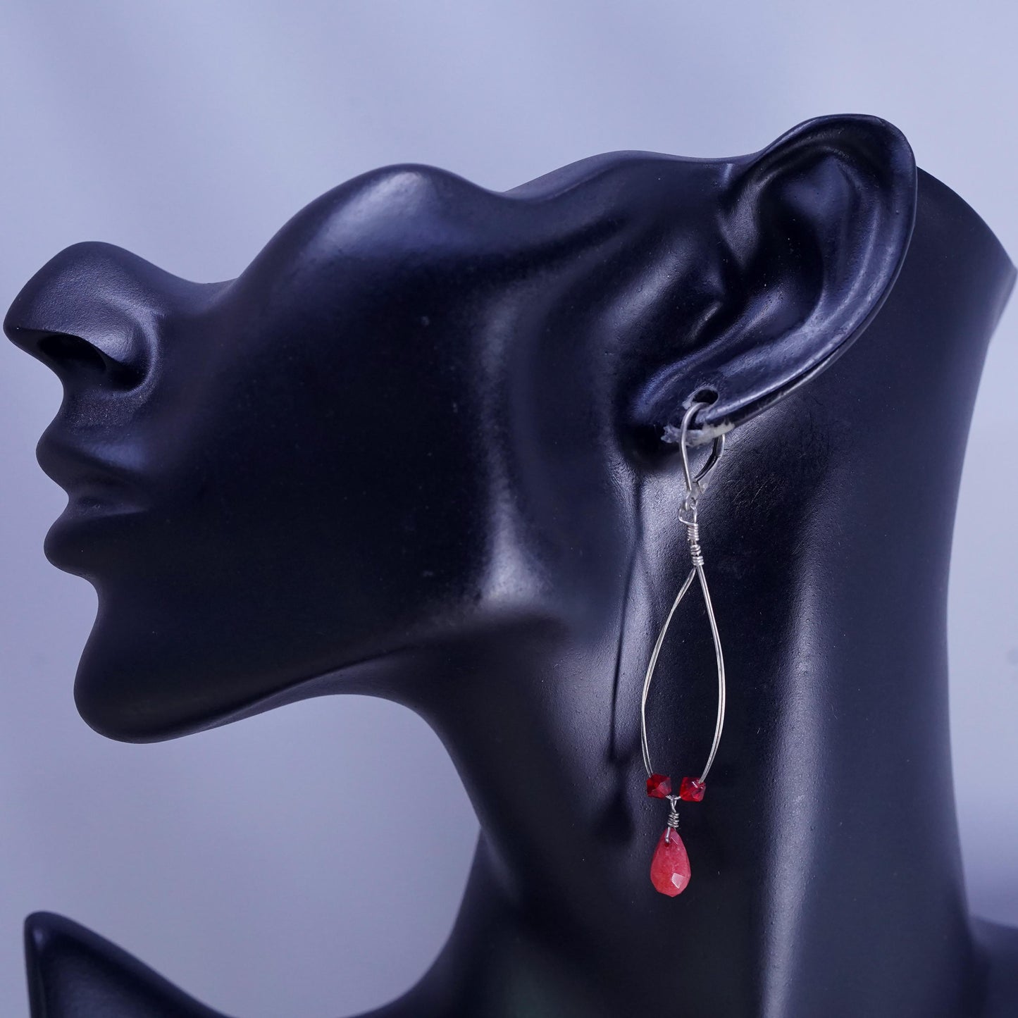 Vintage Sterling 925 silver handmade earrings with teardrop ruby