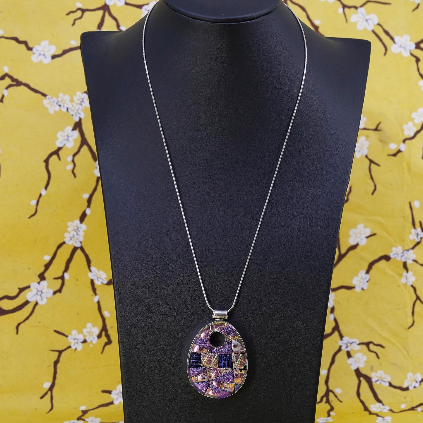 20", Sterling silver necklace, 925 snake chain teardrop foiled glass pendant
