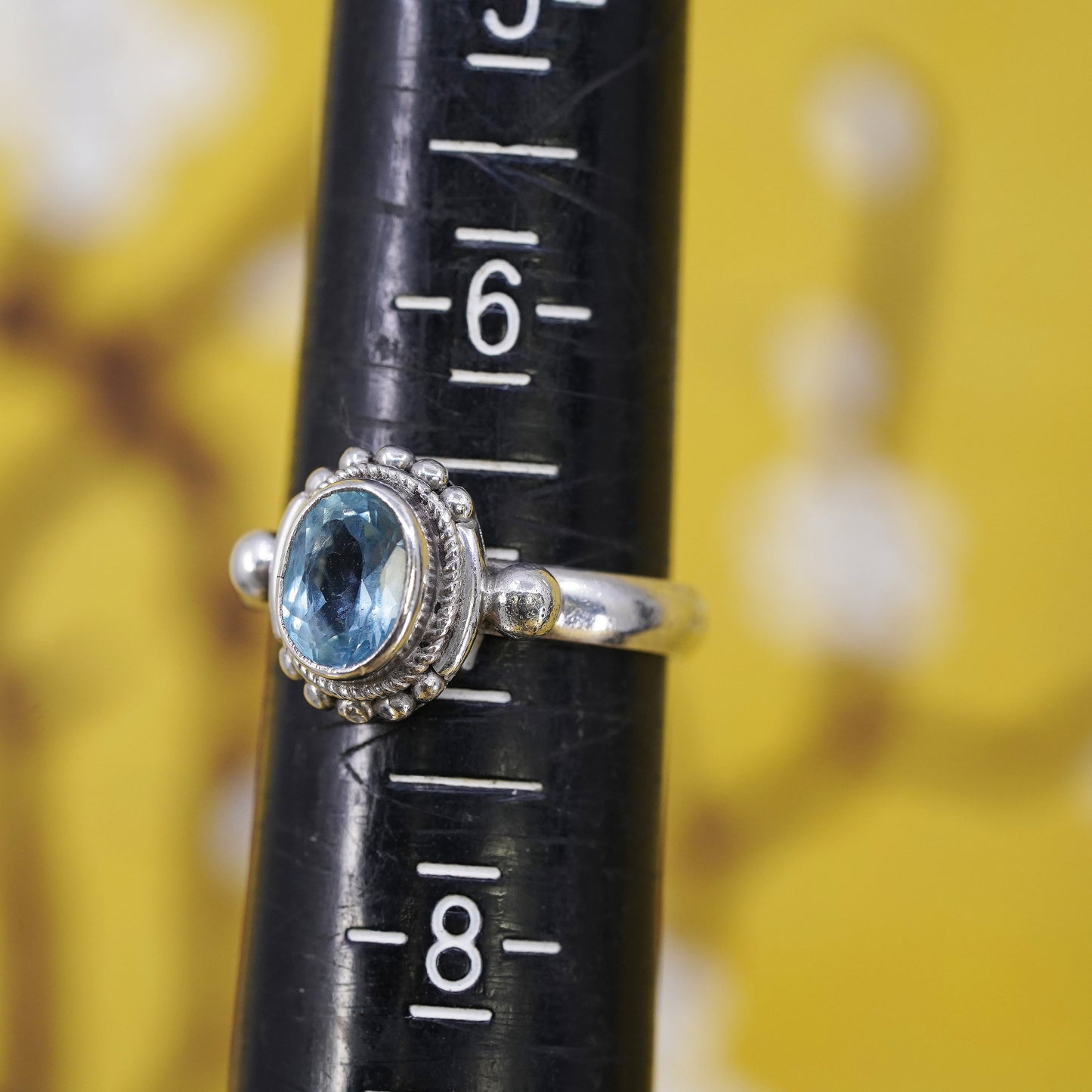 Size 7, vintage Sterling 925 silver handmade beaded ring with blue topaz