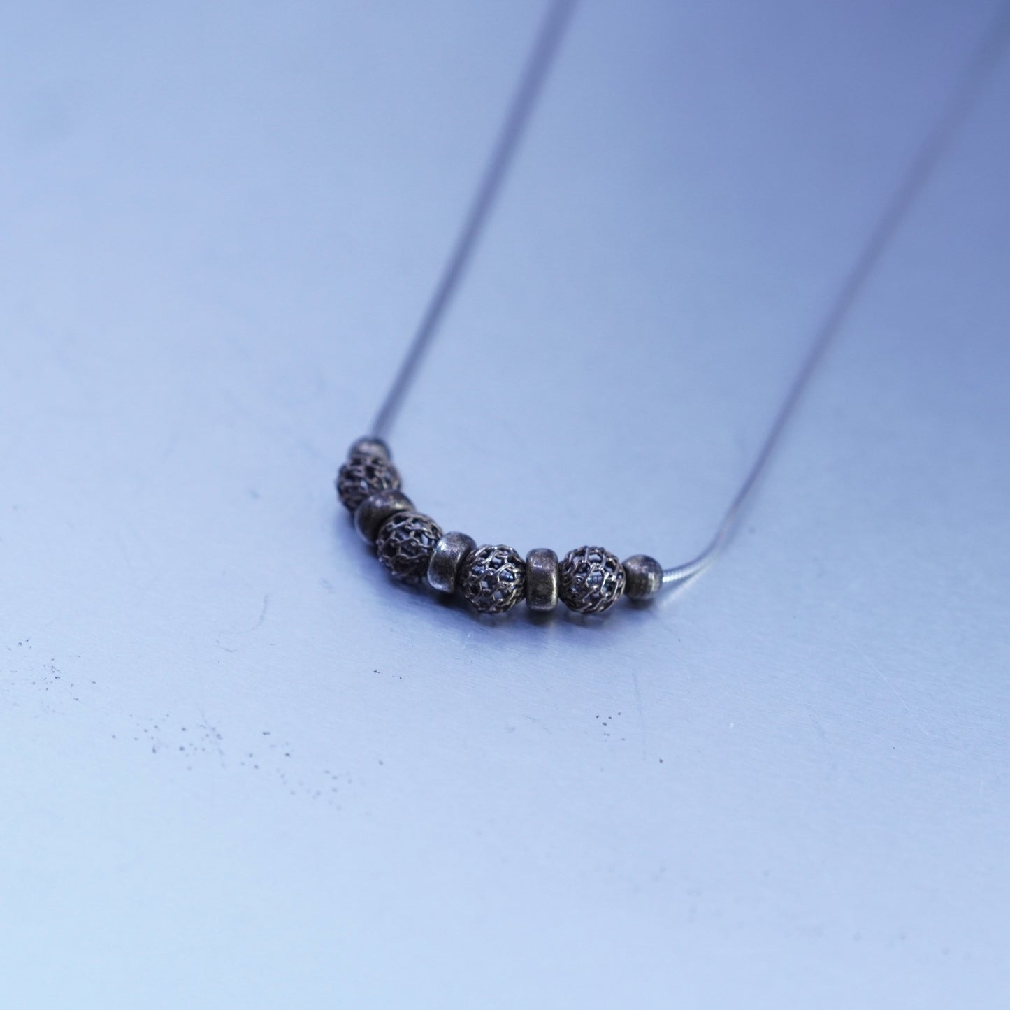 20”, Sterling 925 silver handmade snake necklace with textured bead pendant