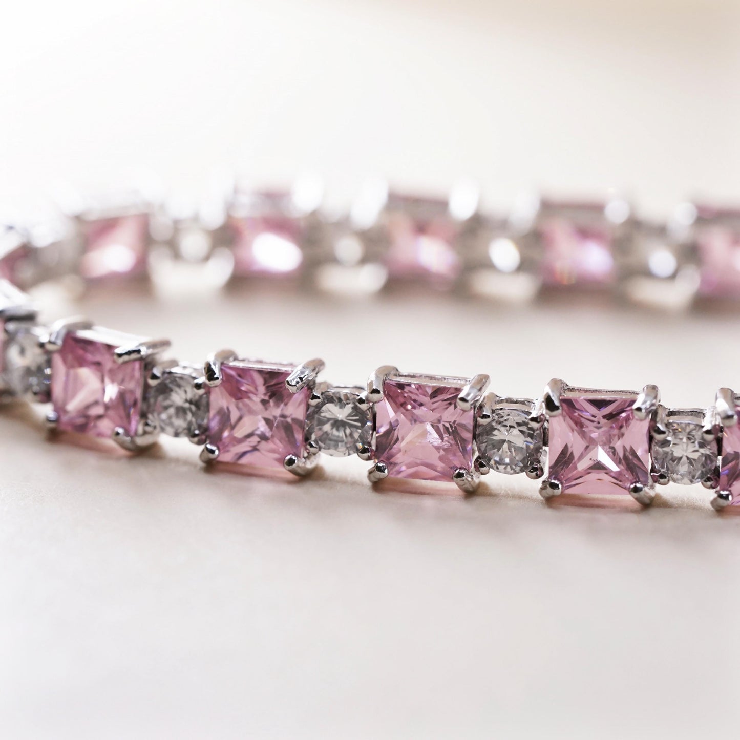 7", Vintage Sterling 925 silver tennis bracelet with square pink cz