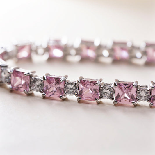 7", Vintage Sterling 925 silver tennis bracelet with square pink cz