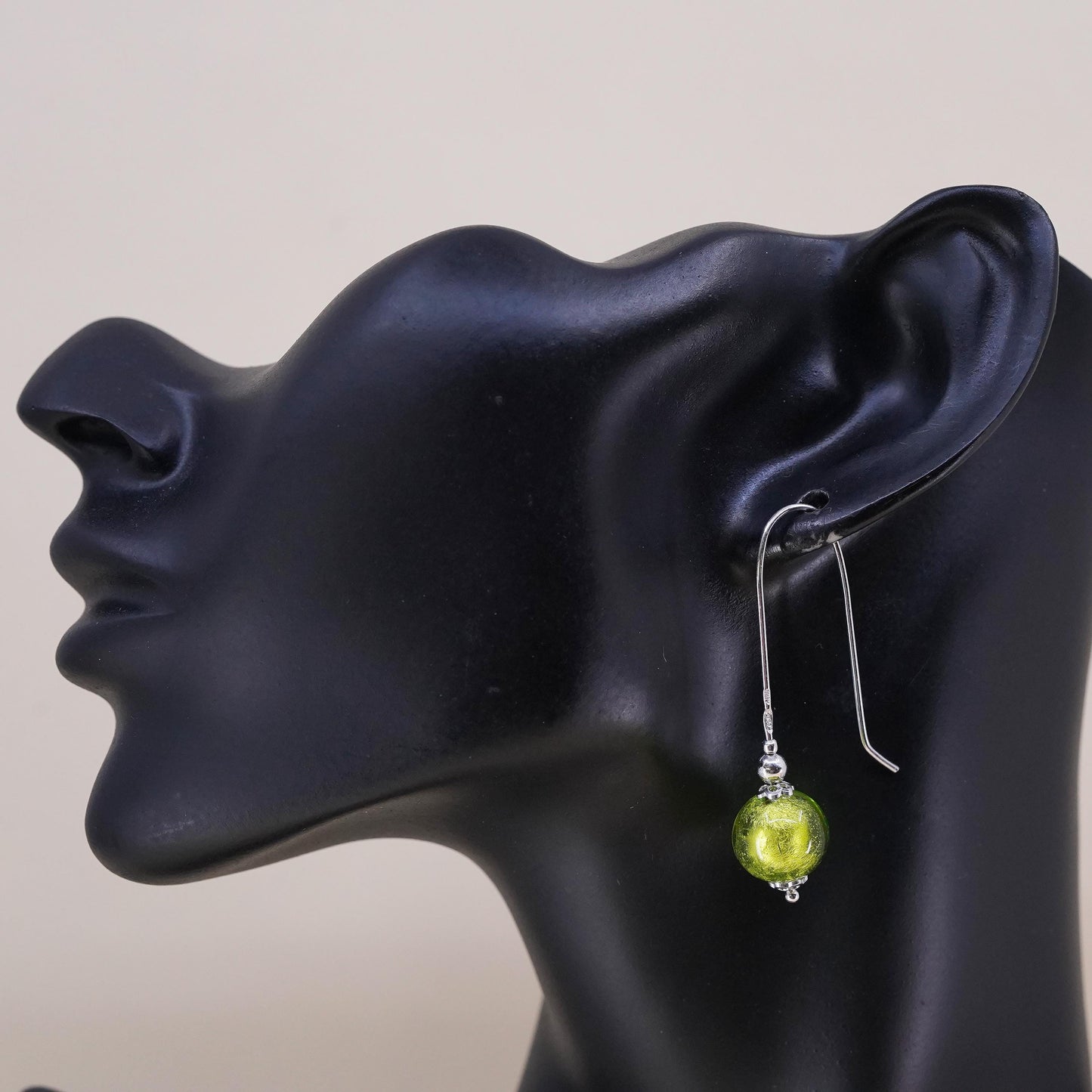 Vintage sterling 925 silver handmade single earring with green glass bead