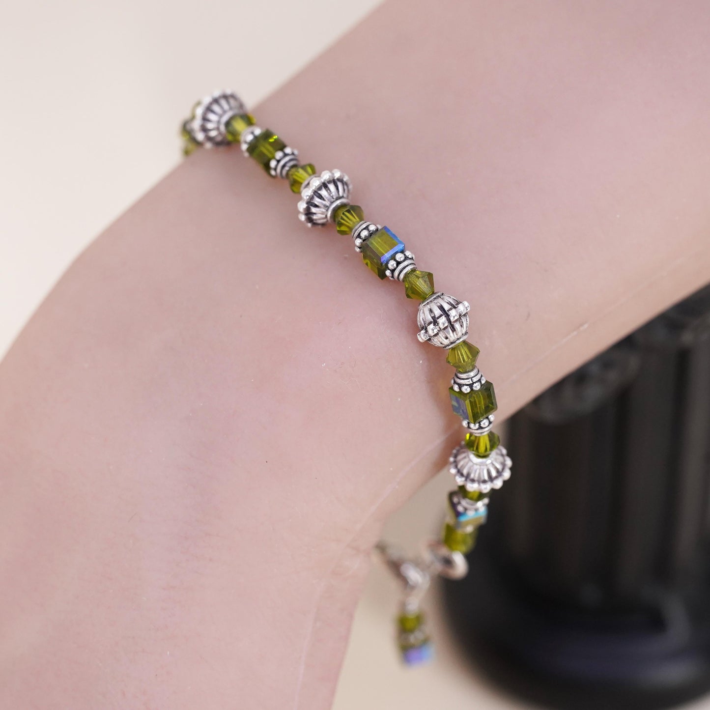 7", vintage Sterling silver handmade bracelet, 925 beads chain green Crystal