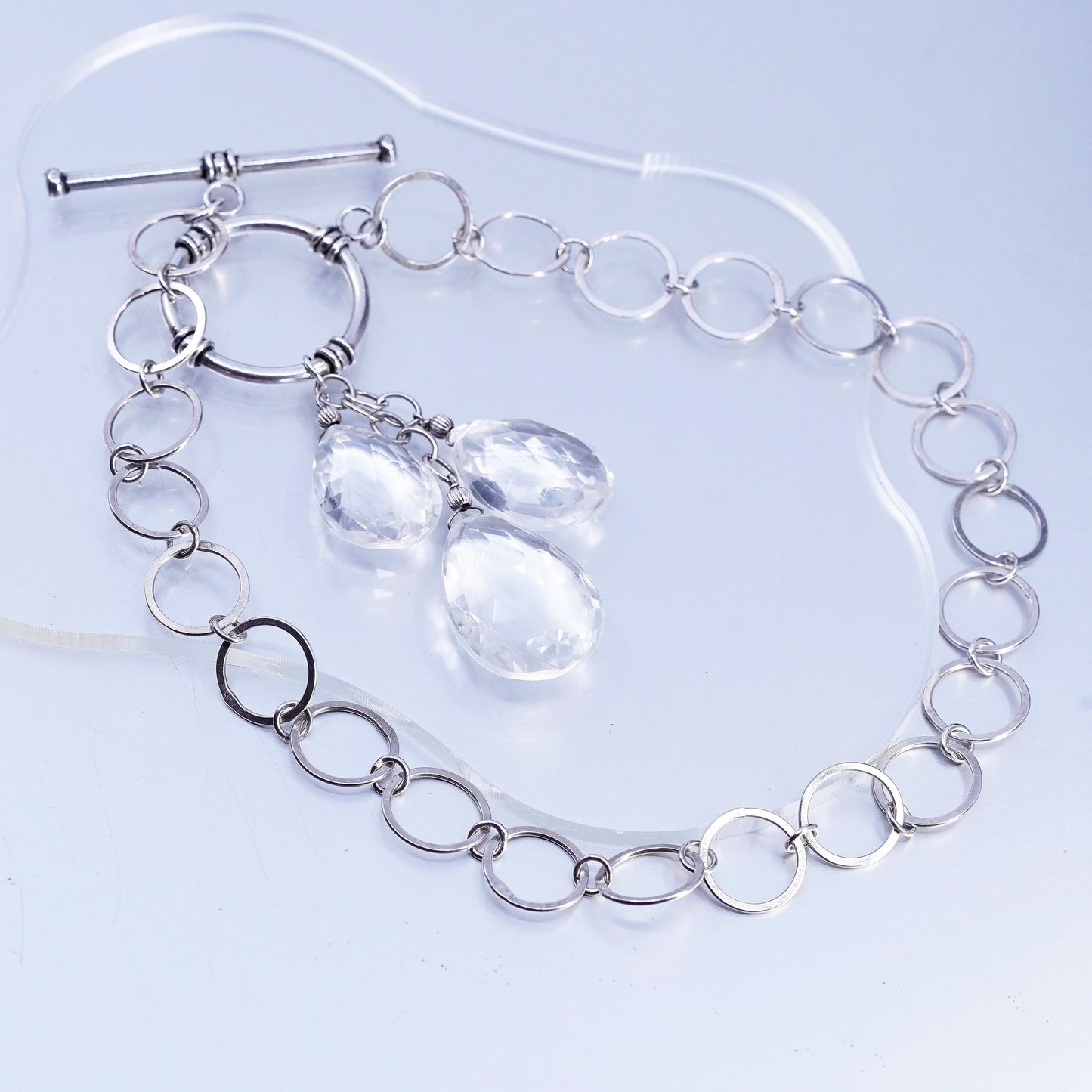 16", Sterling 925 silver flatten circle necklace teardrop crystal pendant
