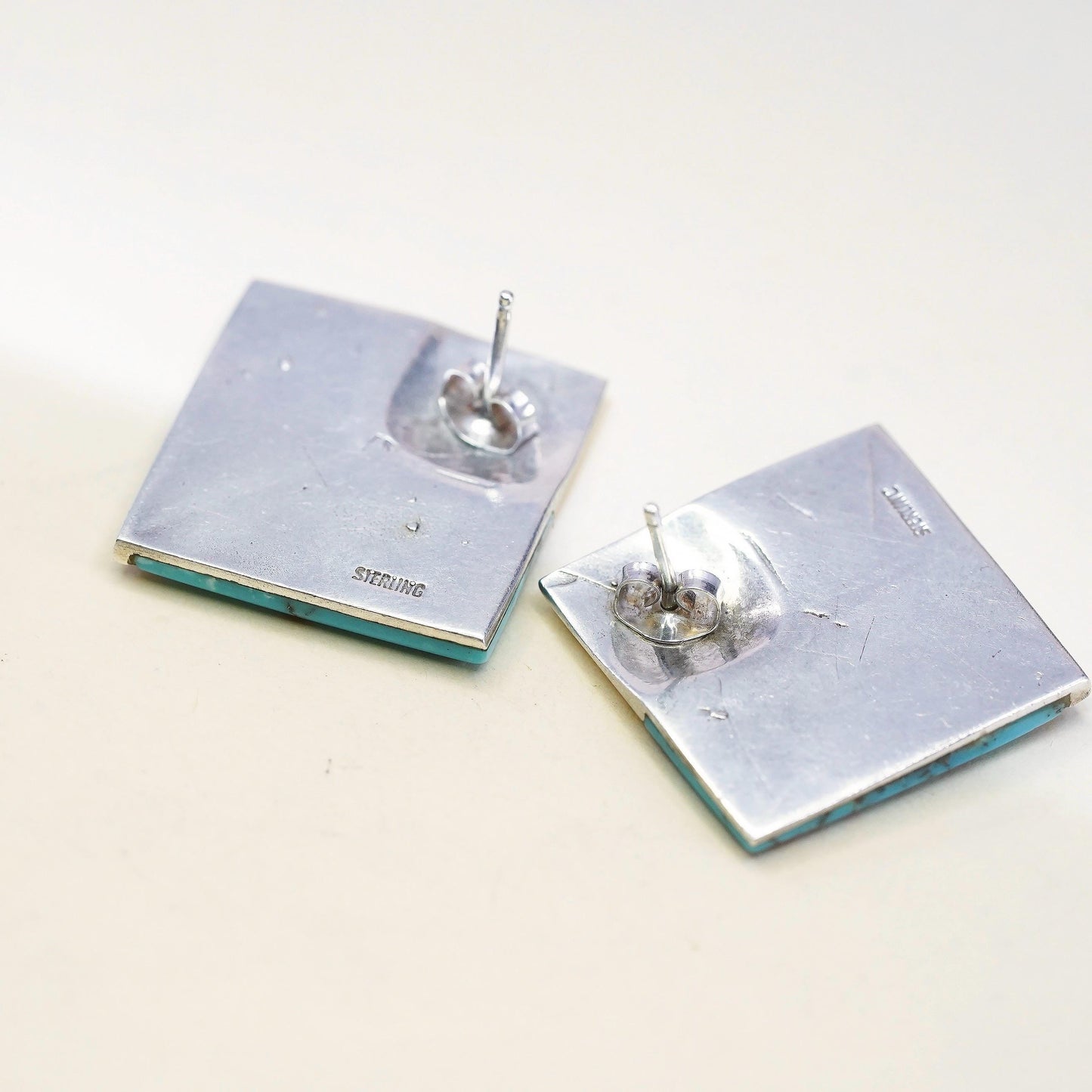 Native American Geometric Sterling silver earrings, 925 square studs turquoise