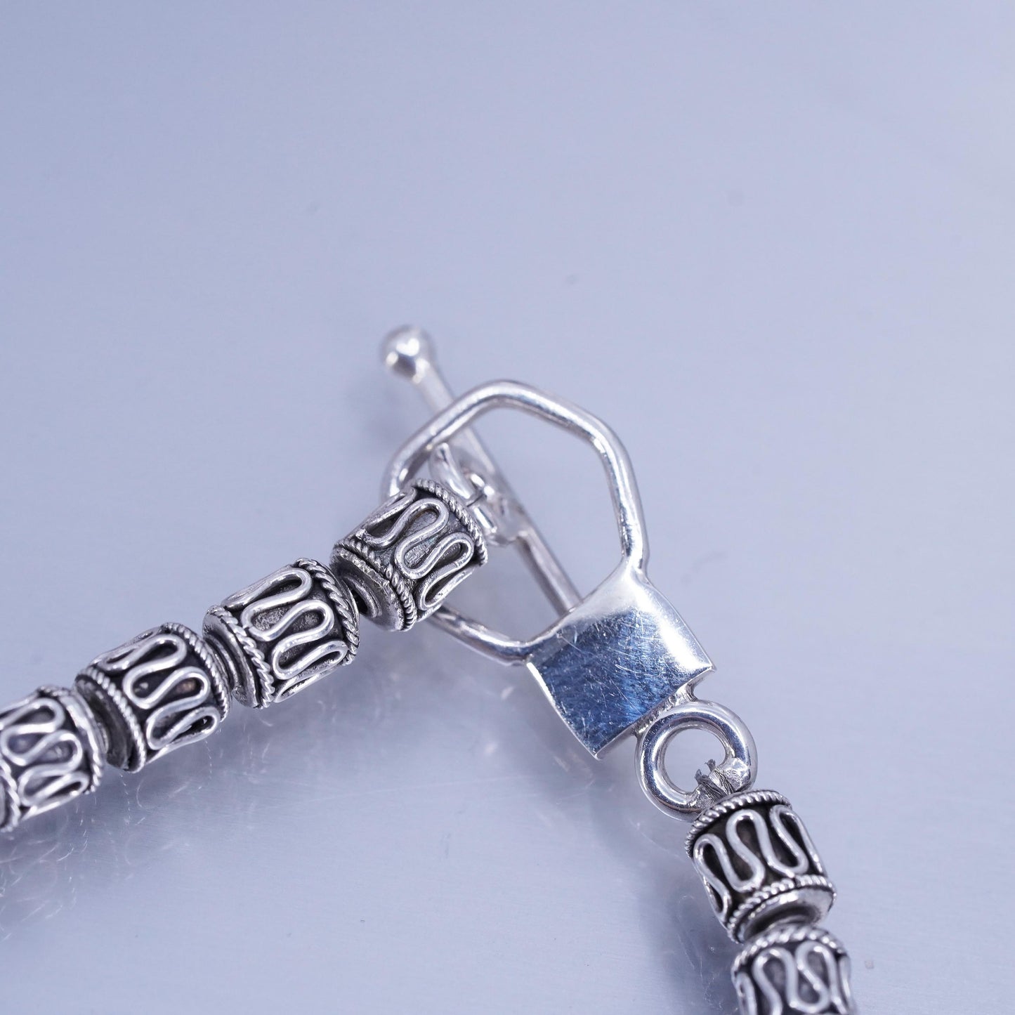 7”, Mexican Sterling 925 silver bracelet, filigree beads chain toggle closure