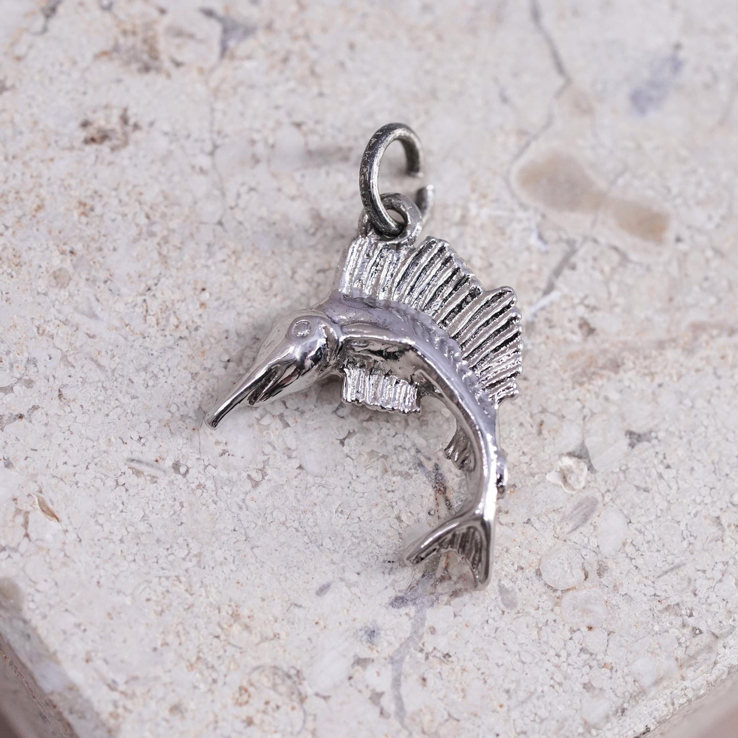 Vintage Sterling silver handmade pendant, 925 swordfish fish charm