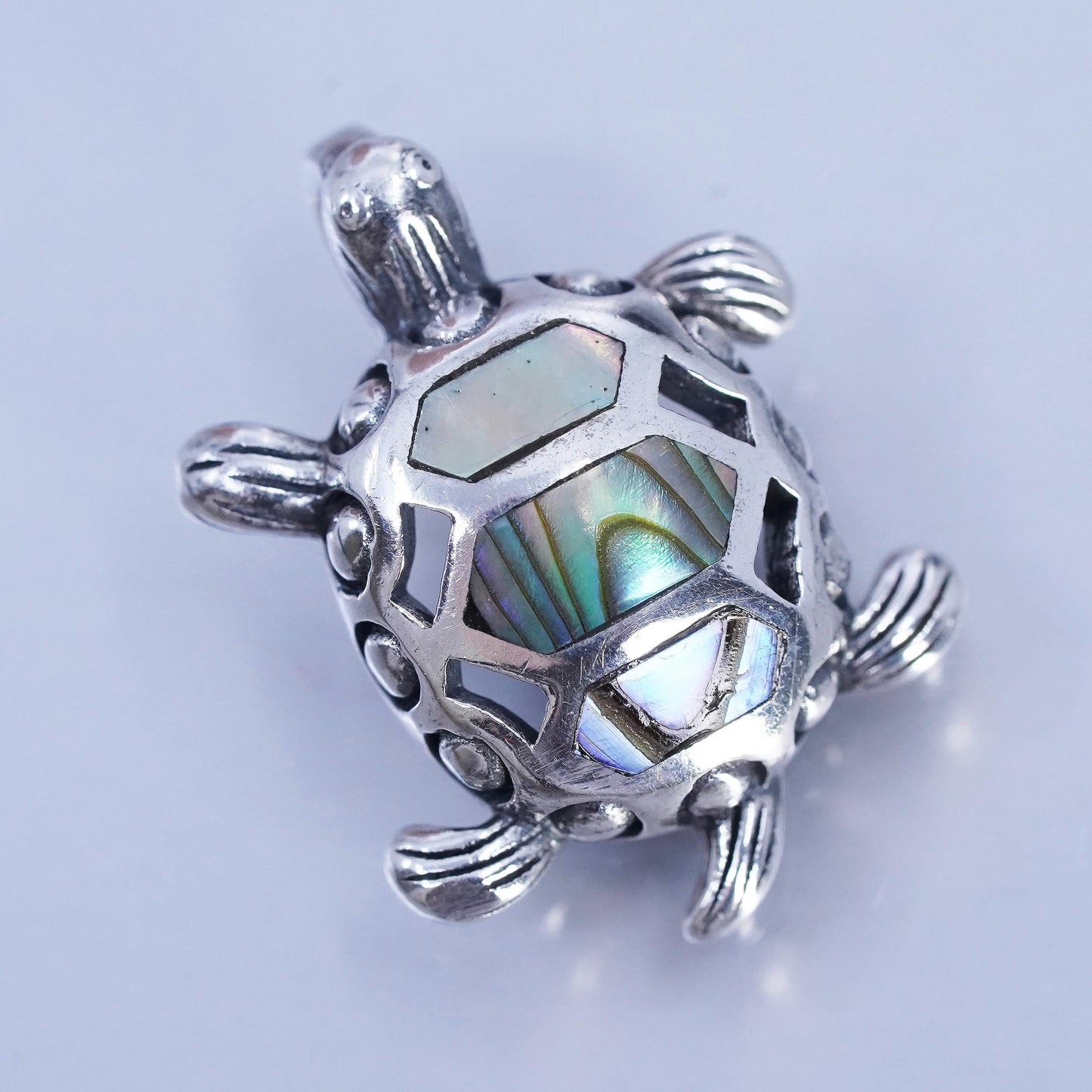 Vintage Sterling silver handmade simple 925 sea turtle charm pendant abalone