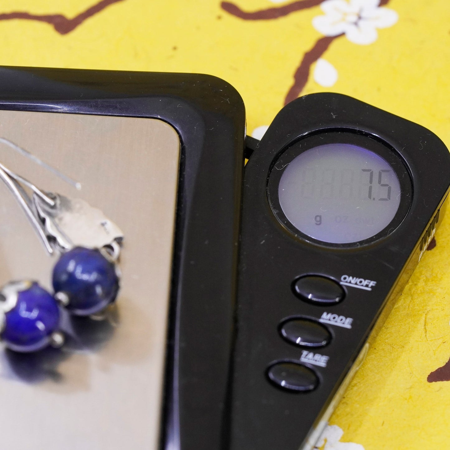 Vintage handmade sterling 925 silver leafy earrings with lapis lazuli bead