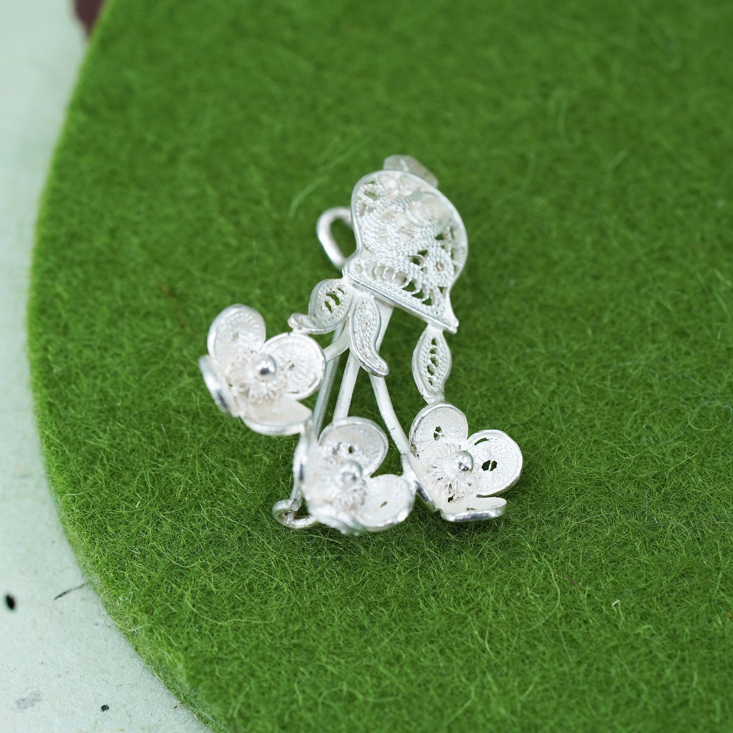 Vintage Sterling silver handmade brooch, 925 silver filigree flower vase pin