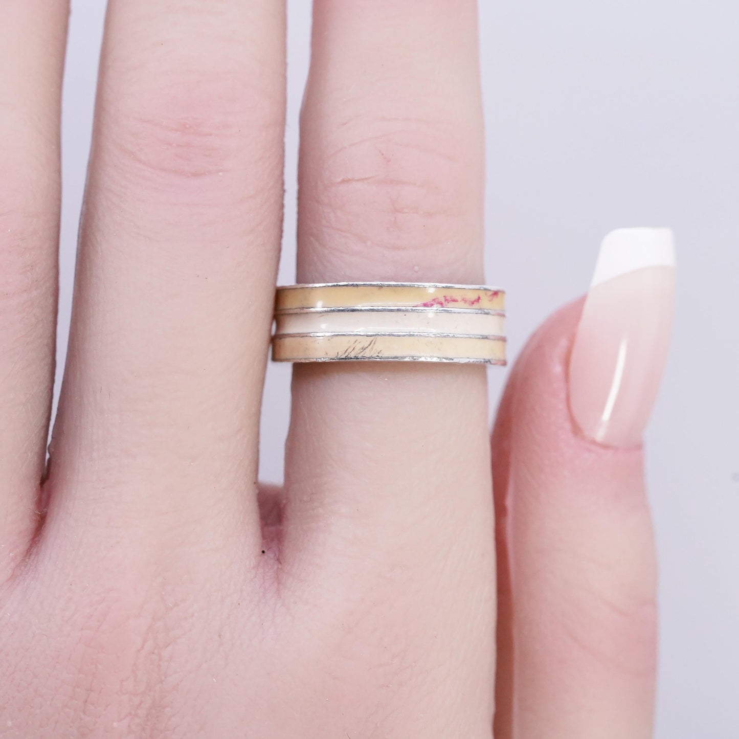 Size 6, vintage Sterling 925 silver handmade ring, ribbed yellow enamel band