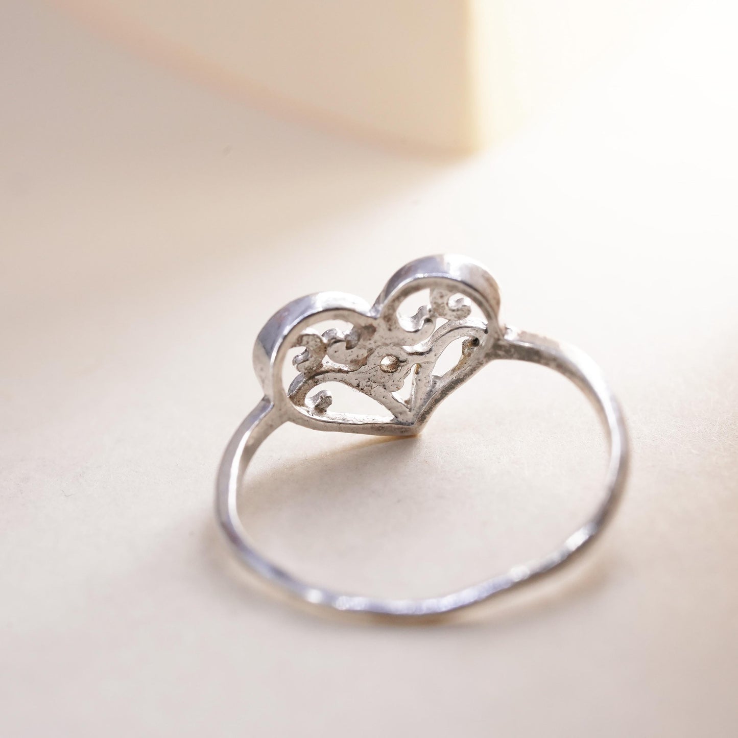 Size 7.25, Vintage sterling silver handmade ring, swirly heart ring with cz