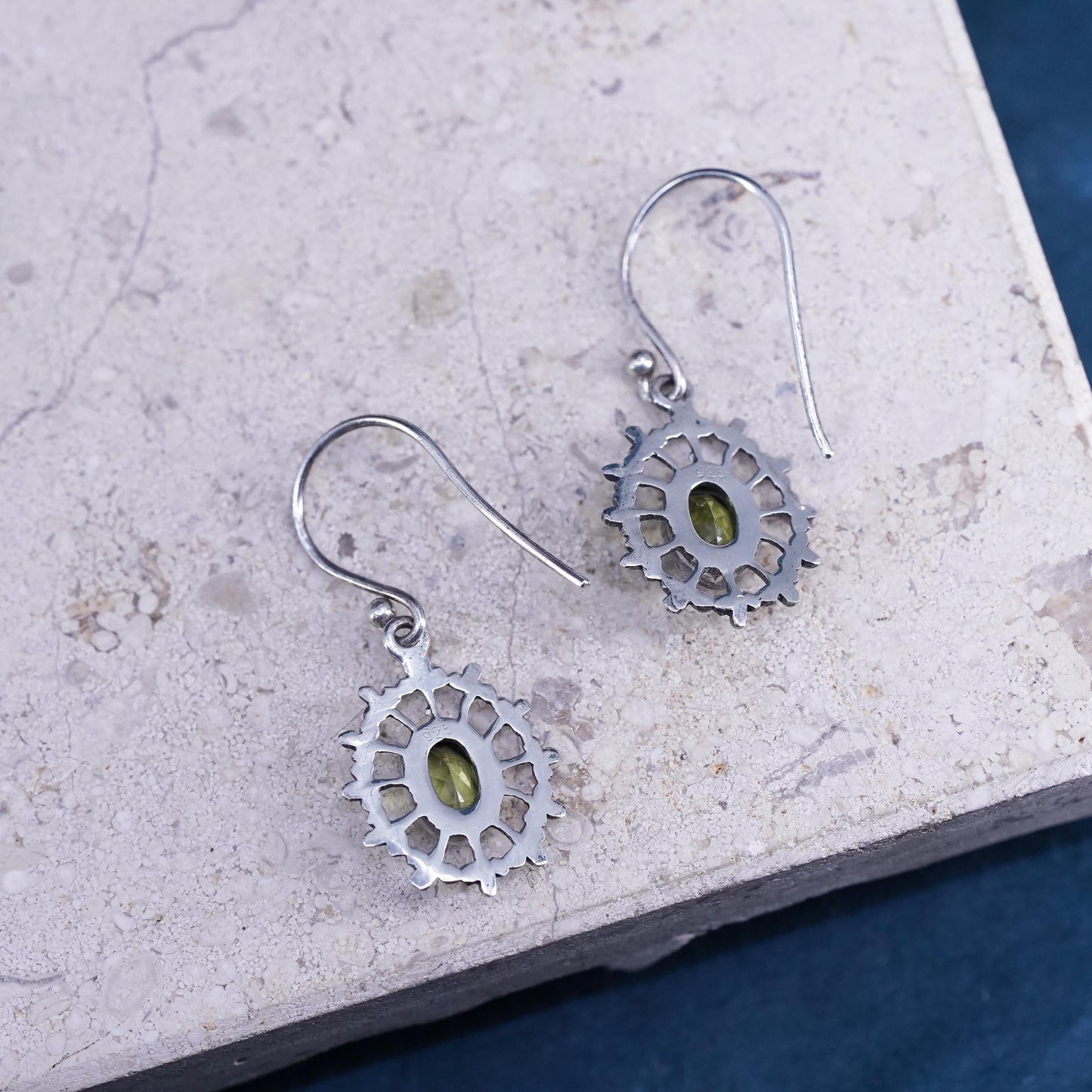 Vintage sterling silver handmade filigree earrings, 925 oval peridot