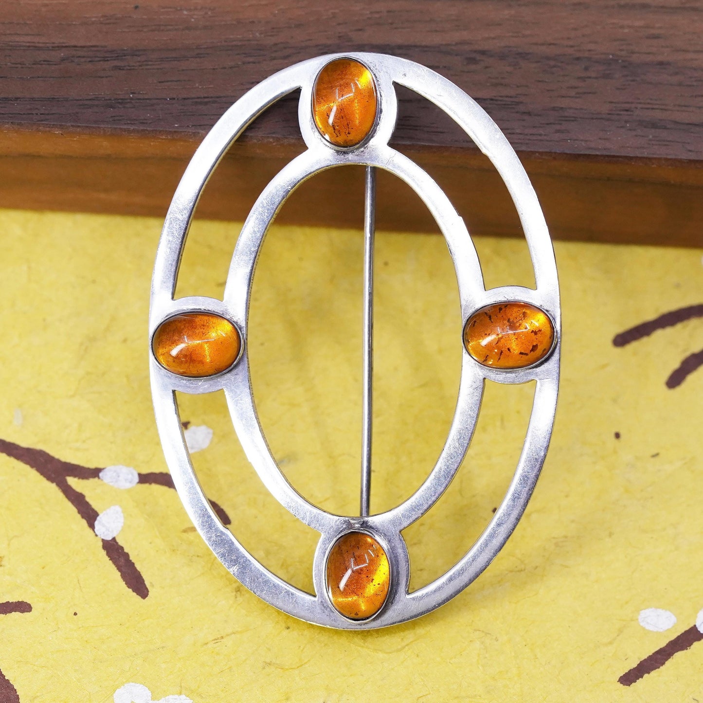 Vintage handmade sterling silver brooch, 925 silver oval with amber details