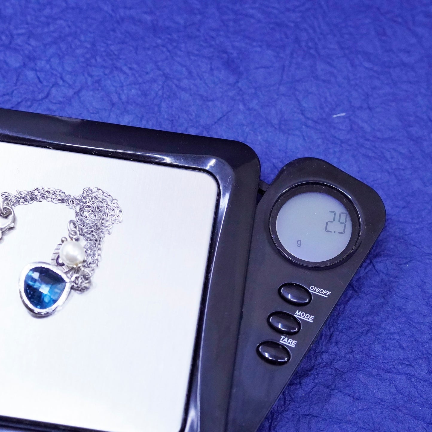 18”, sterling silver 925 handmade necklace, teardrop blue crystal pearl pendant