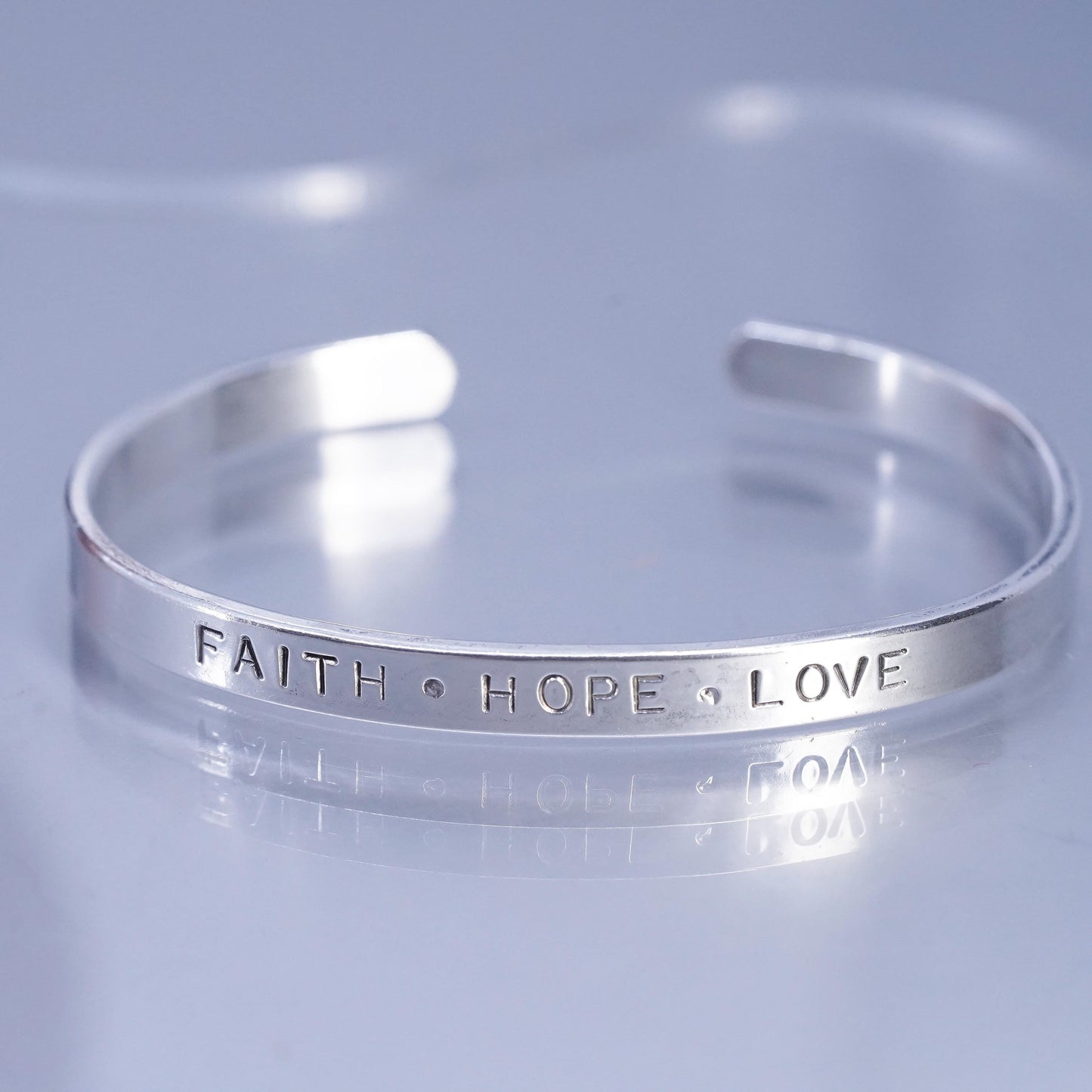 6.75”, southwestern Sterling 925 silver bracelet, quote cuff “faith hope love