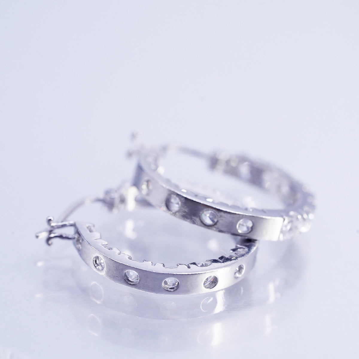 0.75", vintage Sterling silver handmade earrings, 925 Huggie hoops cluster CZ
