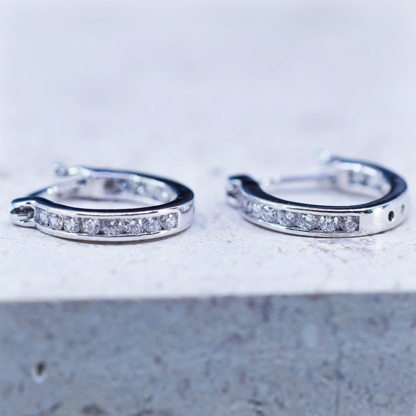 0.5", vintage Sterling silver handmade hoop earrings, 925 huggie with cz