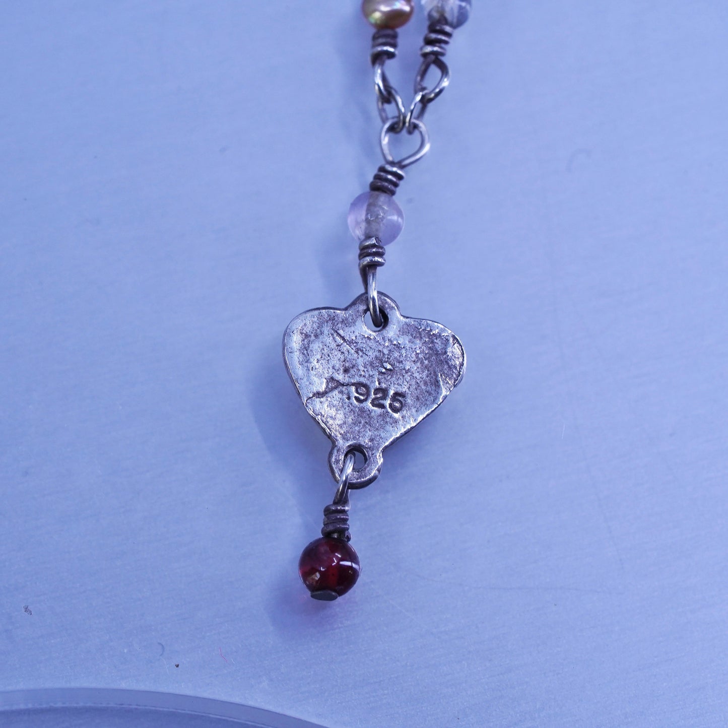 16”, Sterling 925 silver handmade necklace w/ pearl garnet beads heart pendant