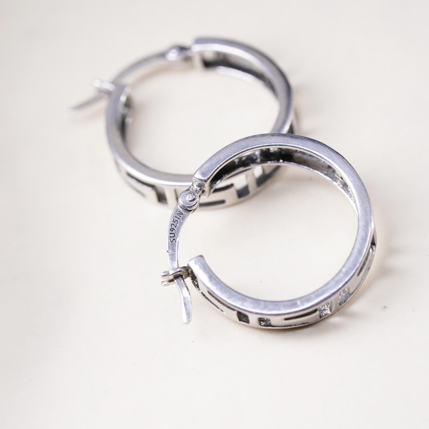 0.75", Vintage sterling silver loop earrings, fashion Greek key primitive hoops