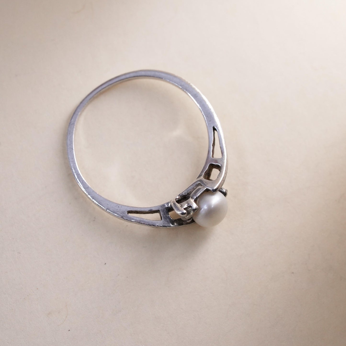 Size 6.25, vintage Sterling silver 925 handmade ring with pearl and cz