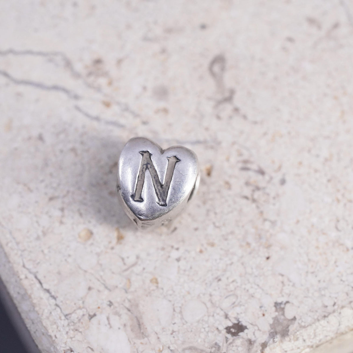 Vintage Sterling silver handmade pendant, solid 925 heart charm engraved N