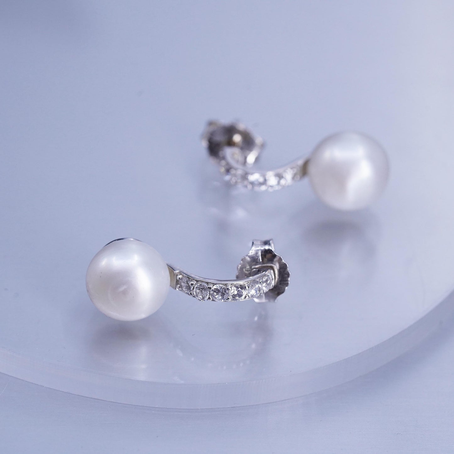 Vintage Sterling 925 silver handmade earrings, studs with 10mm pearl and cz