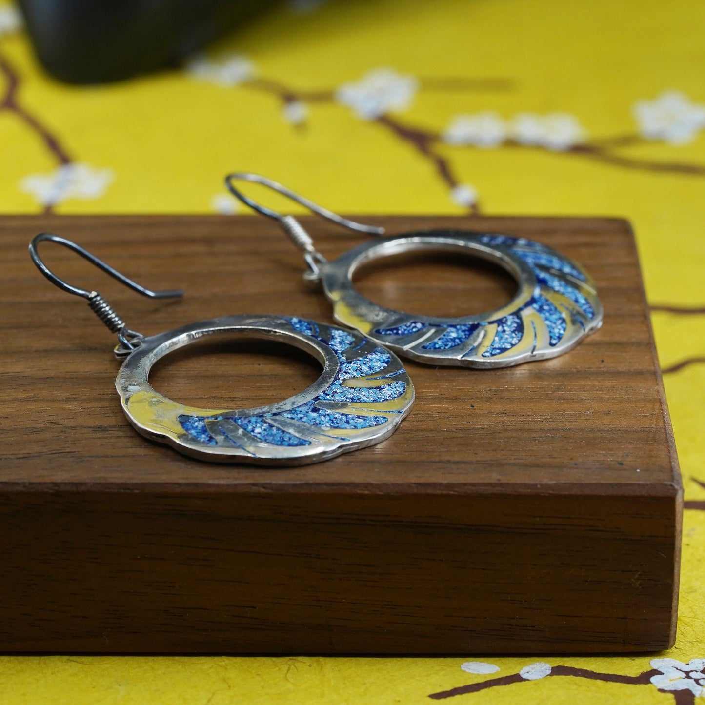 Sterling silver handmade earrings, Mexico 925 silver circle turquoise Inlay